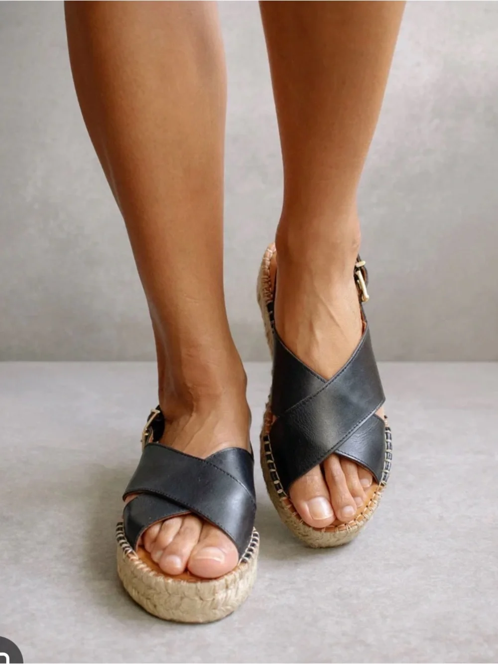 ALOHAS Black Leather Crisscross Espadrille Sandals